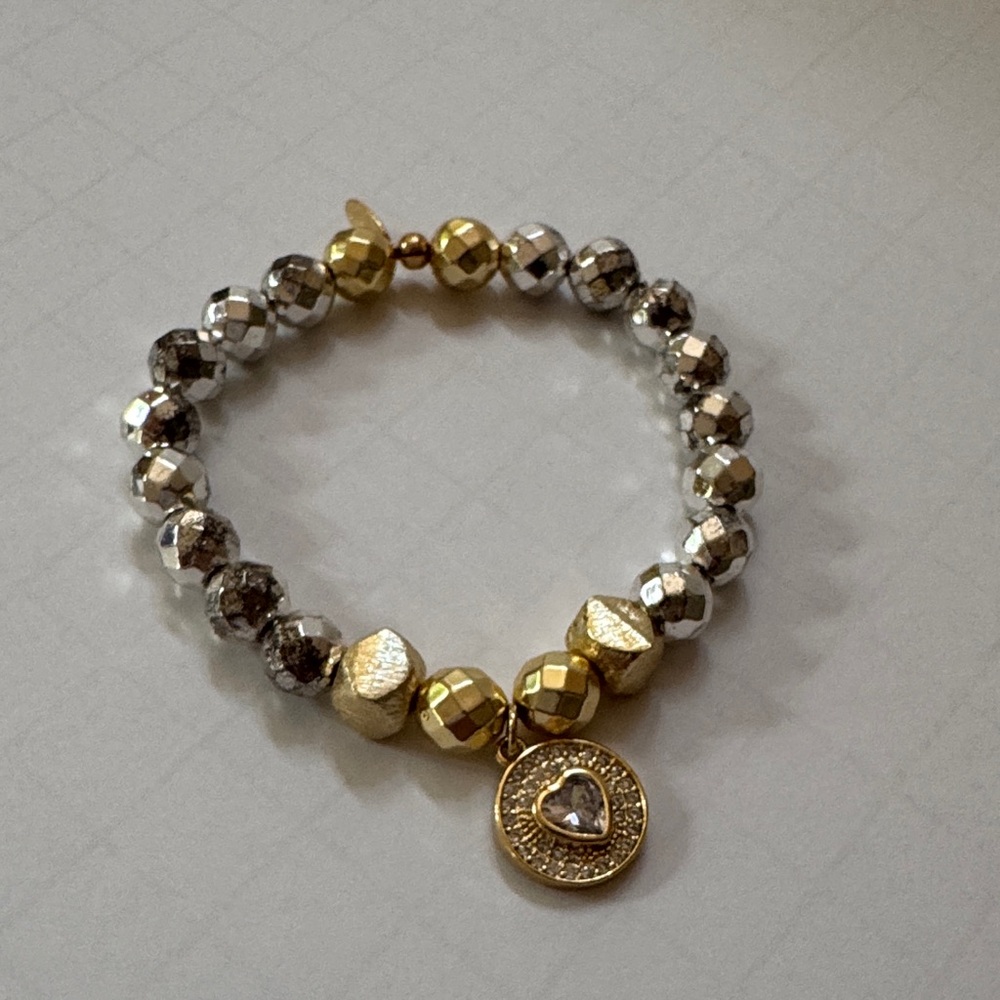 Gemelli Bracelet Silvertone & Goldtone Mirror Brushed Goldtone Beads Heart Charm